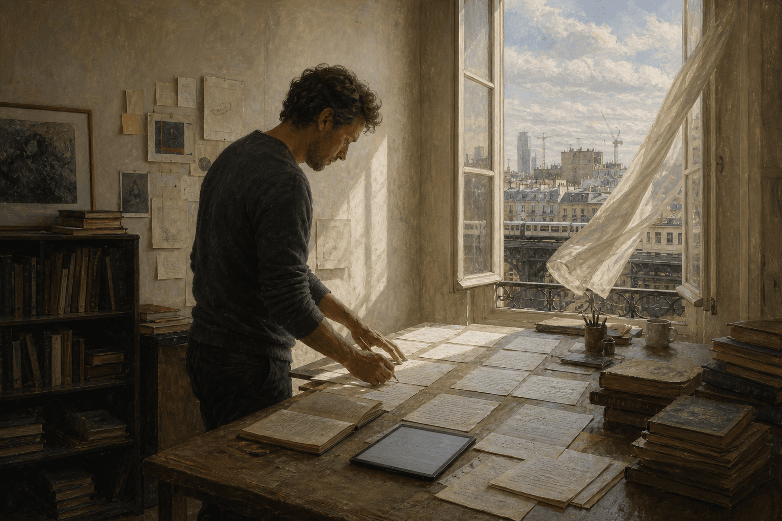 A modern writer arranges and edits drafts beside an open window overlooking a changing city.